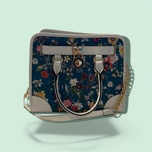 Elegant Teal & White Floral Satchel with Gold Accents with Matching Wallet